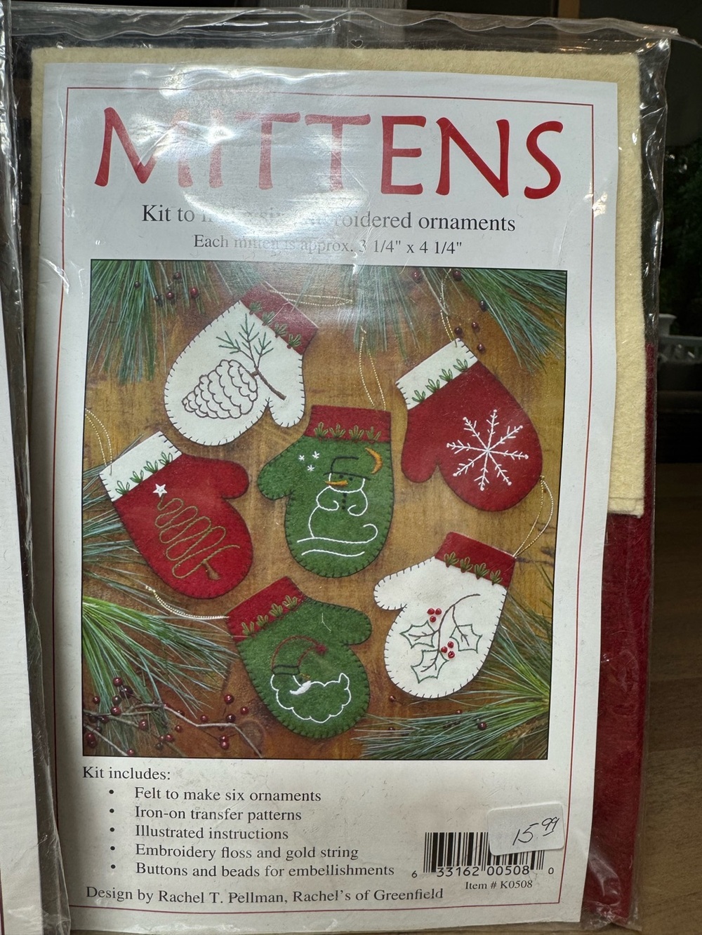 Christmas Mitten Ornament Kit - Red, Green, Cream Design by Rachel T Pellman